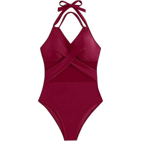 HGps8w Women's Halter One Piece Swimsuit Mesh Patchwork Ruched Tummy Control Bat - Picture 2 of 7